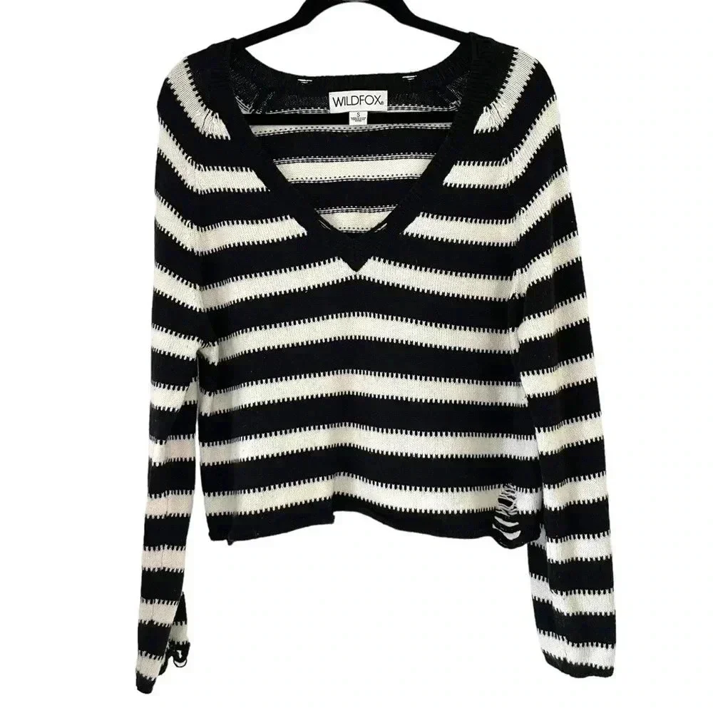 Wildfox Distressed Striped Vneck Sweater Black White